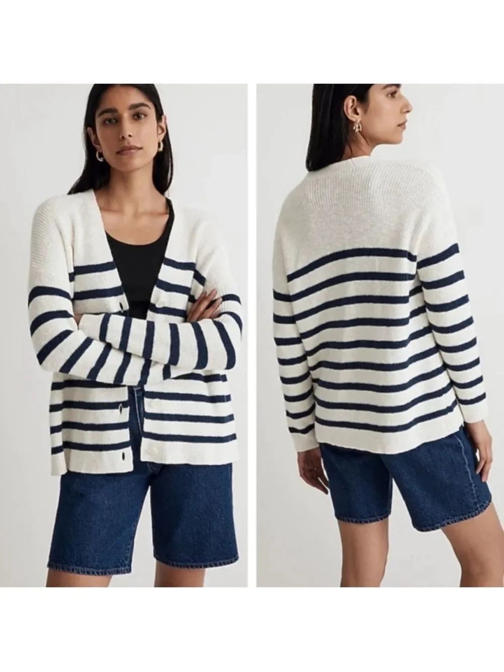 MadeWell 100% Cotton Navy Blue/White Striped V-Neck Botton Cardigan Size Medium